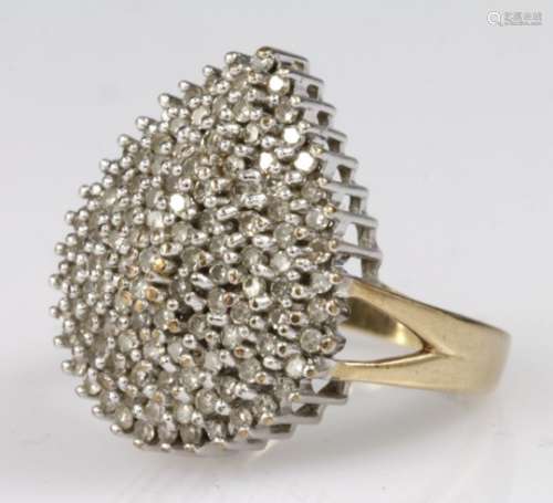 Large 9ct gold diamond pear shaped cluster ring, finger size L, weight 6.6g