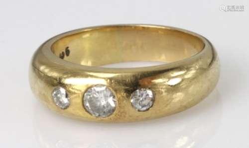9ct yellow gold band ring set with three graduated diamonds, finger size O, weight 7.4g