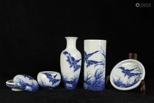 A Set of Five Chinese Blue and White Porcelain Scholar Set