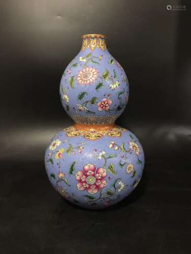 A Chinese Blue Ground Famille-Rose Porcelain Double Gourd Vase