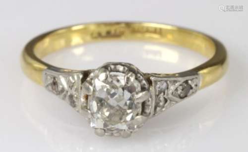 18ct and platinum ring set with cushion shaped old cut diamond approx. 0.70ct, finger size L, weight