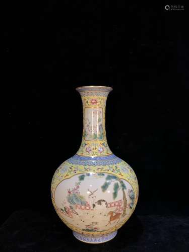 A Chinese Yellow Ground Famille-Rose Porcelain Vase
