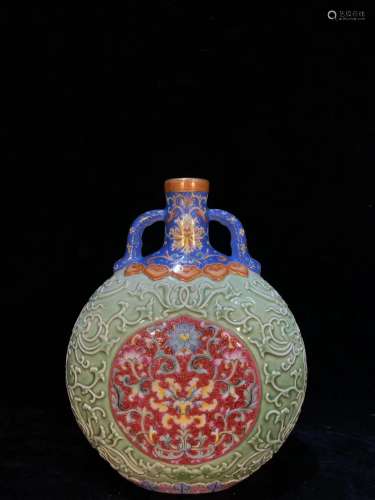 A Chinese Celadon Glazed Famille-Rose Porcelain Moon Flask