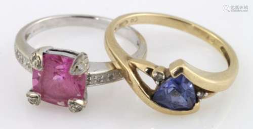 Two rings, 9ct white gold pink cz and diamond dress ring and 9ct yellow gold tanzanite and diamond