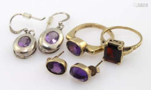 9ct amethyst ring with earrings along with another 9ct ring and non matching white metal earrings