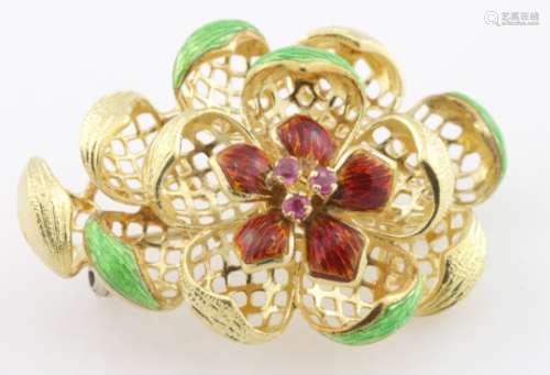 18ct Gold Enamelled Floral brooch weight 12.7g