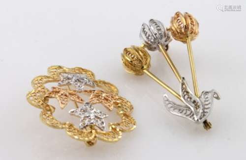 Two 18ct yellow rose and white gold brooches, weight 9.7g