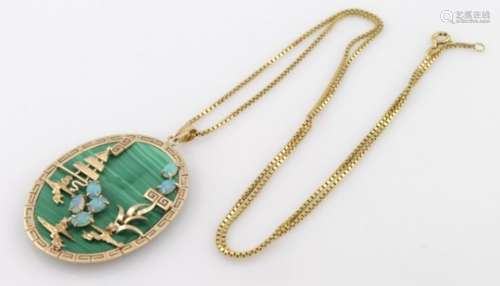 18ct Gold Box link Chain with Malachite and Opal 14ct Gold Chinese style Pendant