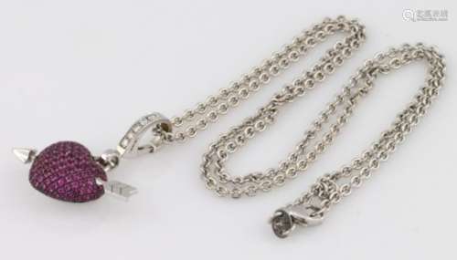 18ct white gold Theo Fennel pendant, ruby set heart pierced by arrow with diamond set clip bale,