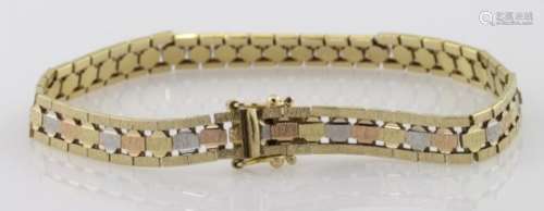 18ct three colour brick link bracelet with box clasp and safety, weight 17.3g