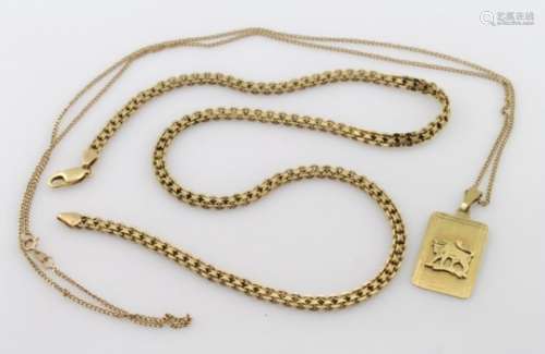 Two 14ct Gold chains along with an 14ct pendant depicting a Bull, total weight 23.8g