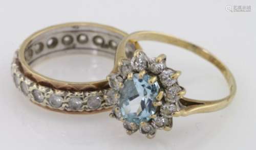 9ct blue topaz and cz cluster ring finger size N, weight 2.3g , 9ct paste full eternity ring, finger