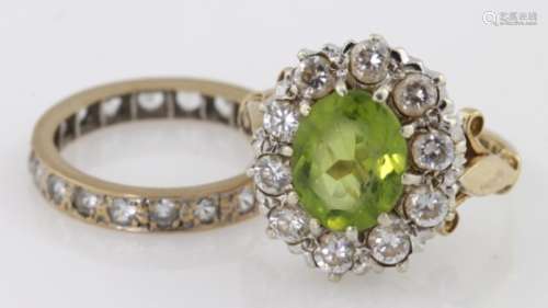 9ct peridot and cz cluster ring, finger size N weight 5.3g. 9ct paste set full eternity ring, finger