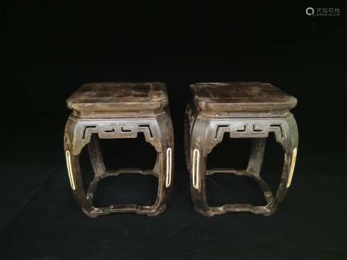A Pair of Chinese Carved Hard Wood Stools