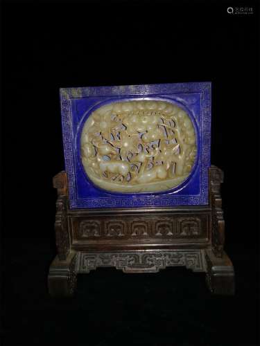 A Chinese Carved Hard Wood Table Screen with Lapis Lazuli and Jade Inlaid