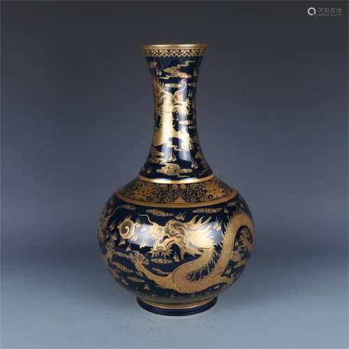 A Chinese Blue Glazed Golden Dragon Pattern Porcelain Vase