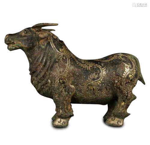 A Chinese Bronze Bull with Gold and Silver Inlaid