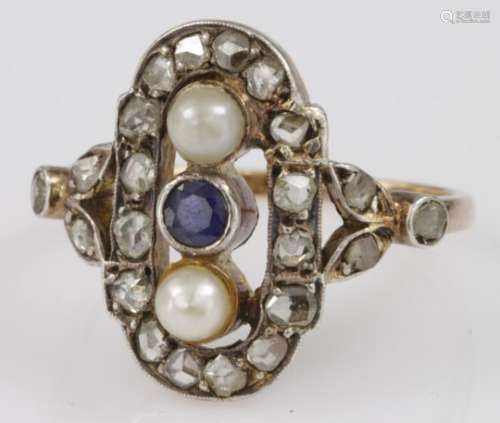 Yellow Metal Ring (tests 15ct) set with Sapphire, Pearl and old cut Diamonds size R weight 5.3g