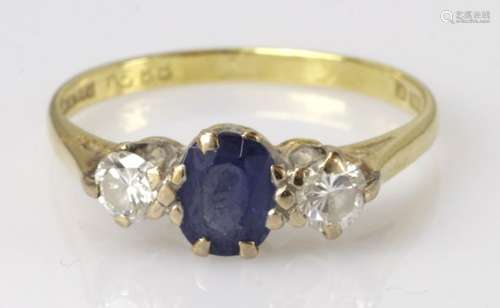 18ct yellow gold sapphire and diamond three stone ring, finger size N, weight 2.5g