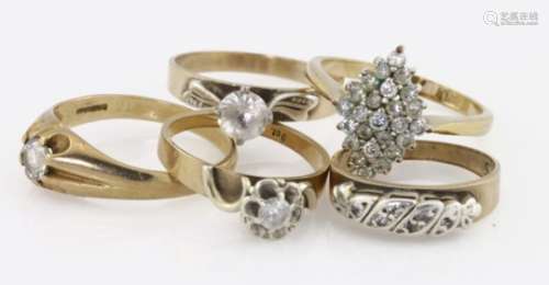 Five 9ct yellow gold rings set with paste and cz, weight 13.3g
