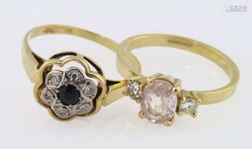 18ct yellow gold morganite and diamond three stone ring, and 18ct sapphire and diamond cluster ring.