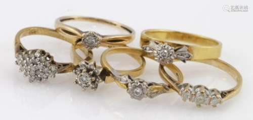 Six 9ct yellow gold diamond set rings, weight 13.3g