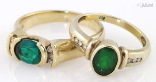 Two 9ct yellow gold green paste and diamond rings, weight 7.6g