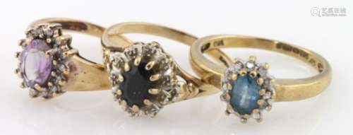 Three 9ct diamond and gem set cluster rings, weight 6.4g
