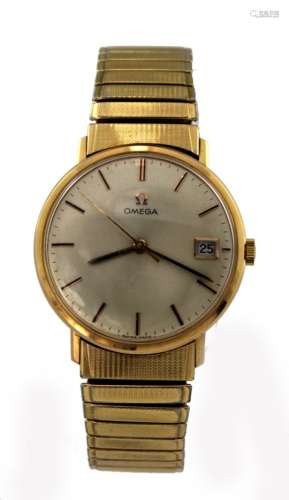 Gents 18ct cased Omega manual wind wristwatch. The cream dial with gilt baton markers and date