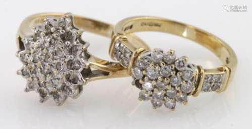 Two 9ct yellow gold diamond cluster rings, one pear shaped and one 0.50ct cluster with a diamond