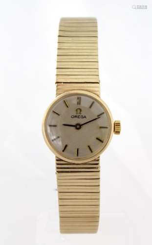 Ladies 9ct cased Omega wristwatch circa 1971. The champagne dial with gilt baton markers, on an
