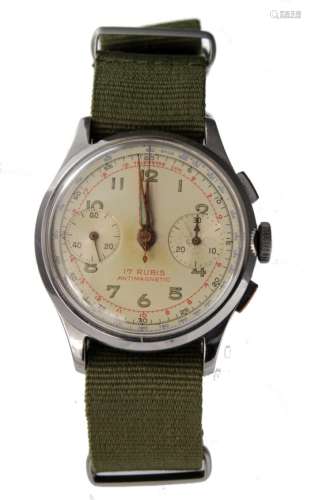Gents stainless steel cased chronograph wristwatch circa 1940s / 50s ?, the cream dial with arabic