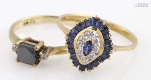 Two sapphire and diamond rings, one cluster and one three stone, weight 4.4g