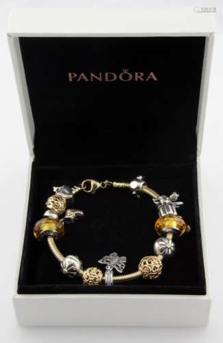 Boxed 9ct Gold Pandora Bracelet with Gold and Siver Pandora charms weight 52.2g
