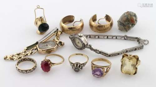 Small assortment of 9ct/18ct rings along with 9ct earrings, watches etc.