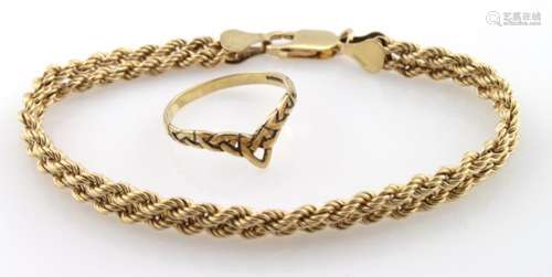 9ct Gold Double rope Bracelet and Wishbone Ring size Q weight 5.9g