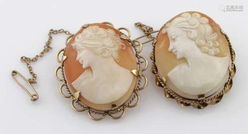 Two 9ct Gold framed Cameo Brooches with safety chains weight 17.7g