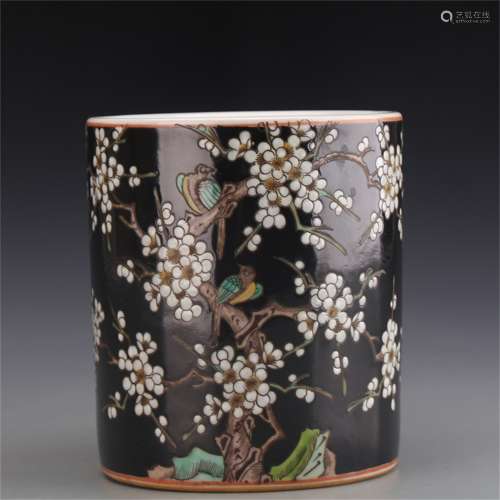 A Chinese Black Ground Famille-Rose Porcelain Brush Pot