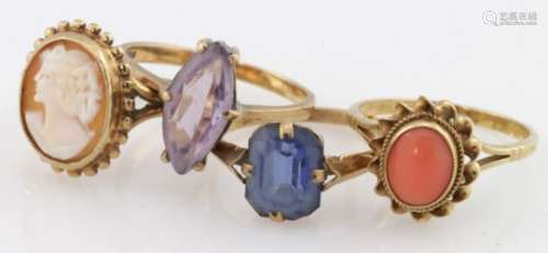 Four 9ct Gold rings with stones, total weight 11g approx.