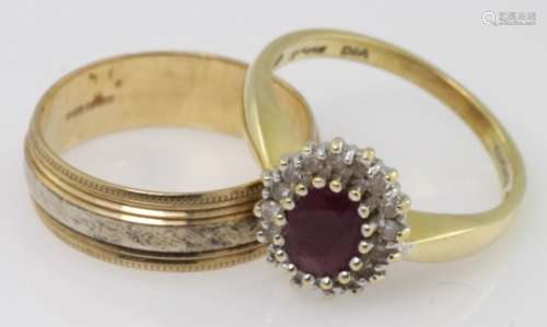 9ct yellow gold ruby and diamond cluster ring, finger size O, weight 3.9g. 9ct yellow and white gold