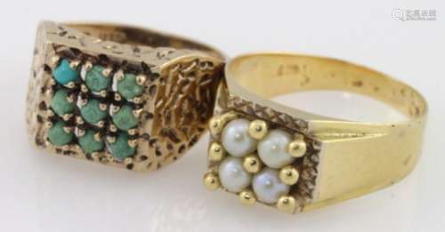 Square turquoise 9ct cluster ring and 9ct pearl four stone ring, weight 7.2g