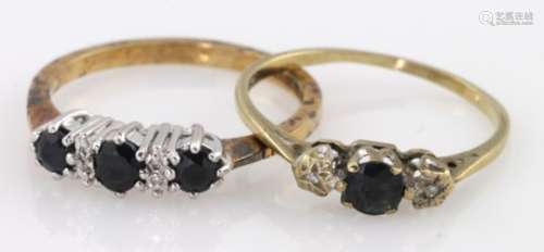 9ct sapphire and diamond three stone ring and half eternity ring, weight 3.2g