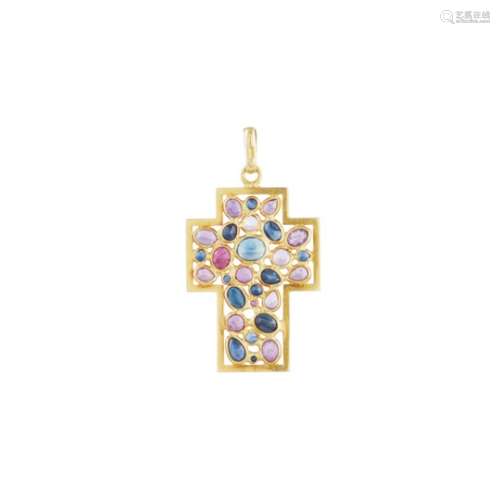 Colgante diseño cruz en oro con rubíes y zafiros azules.