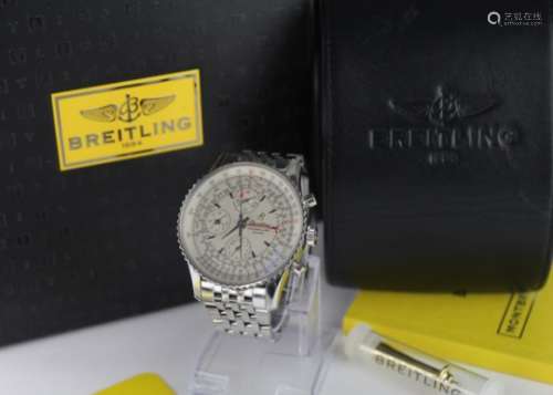 Breitling Montbrillant Datora stainless steel triple calendar chronograph wristwatch. As new with