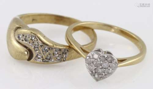 9ct gold heart shaped pave set diamond ring 0.25ct, and 9ct gold diamond set shaped band ring,