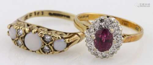 18ct gold rubelite and diamond cluster ring and 9ct opal and diamond ring, weight 6.0g