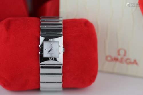 Ladies Omega Constellation quartz wristwatch circa 2003. The square mother of pearl dial with dot