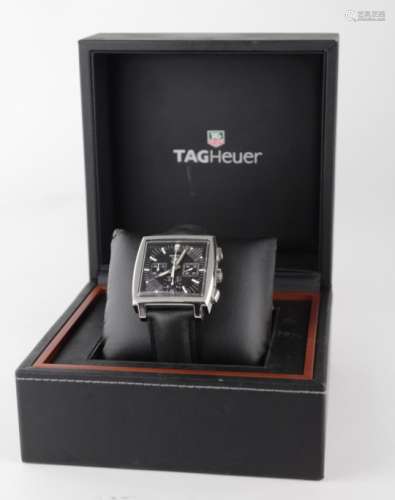 Tag Heuer Monaco automatic wristwatch circa 2006. The square black dial with baton hour markers,