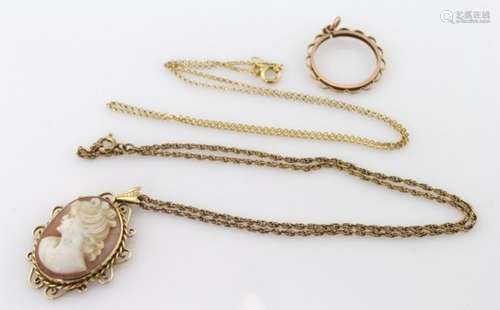 9ct cameo pendant and chain, 9ct rose gold coin pendant mount and 18ct fine gold chain, weight 12.