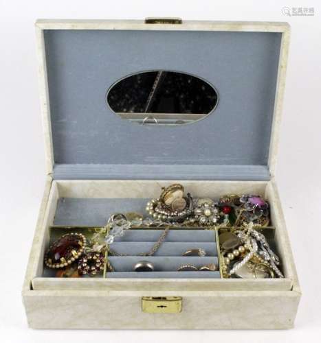 Jewellery box containg a selection of gold / yellow metal along with some items of costume